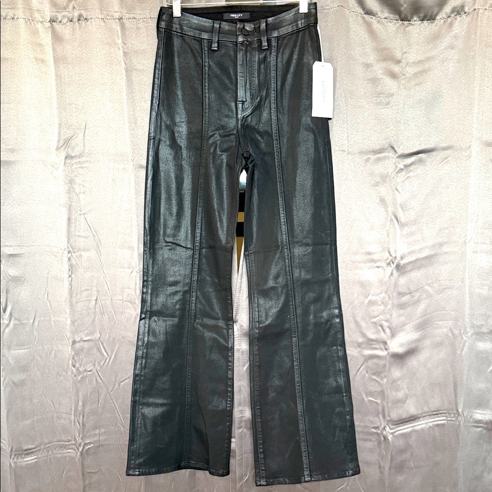 FIDELITY ANTHROPOLOGY WOMENS COATED BLACK WIDE LEG JEANS